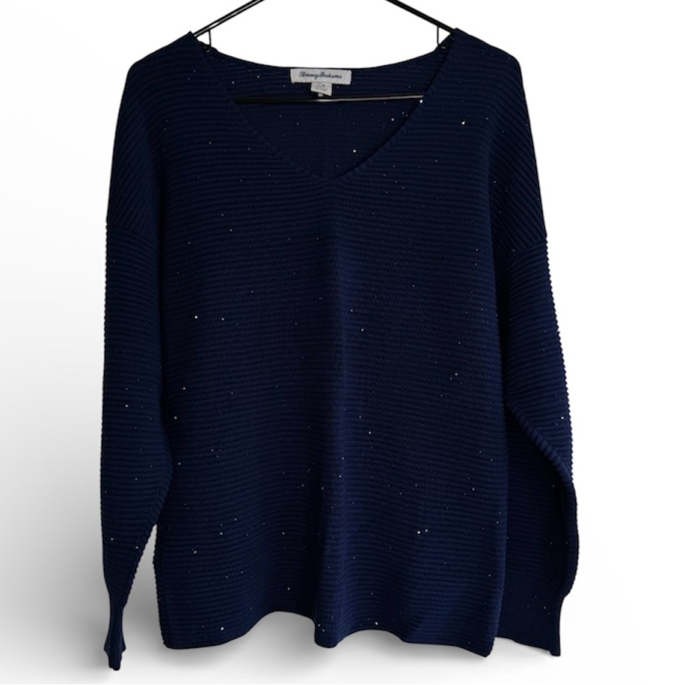 Tommy Bahama Ribbed Sequined Sweater Top V-Neck Navy Sequin Cotton Large New
